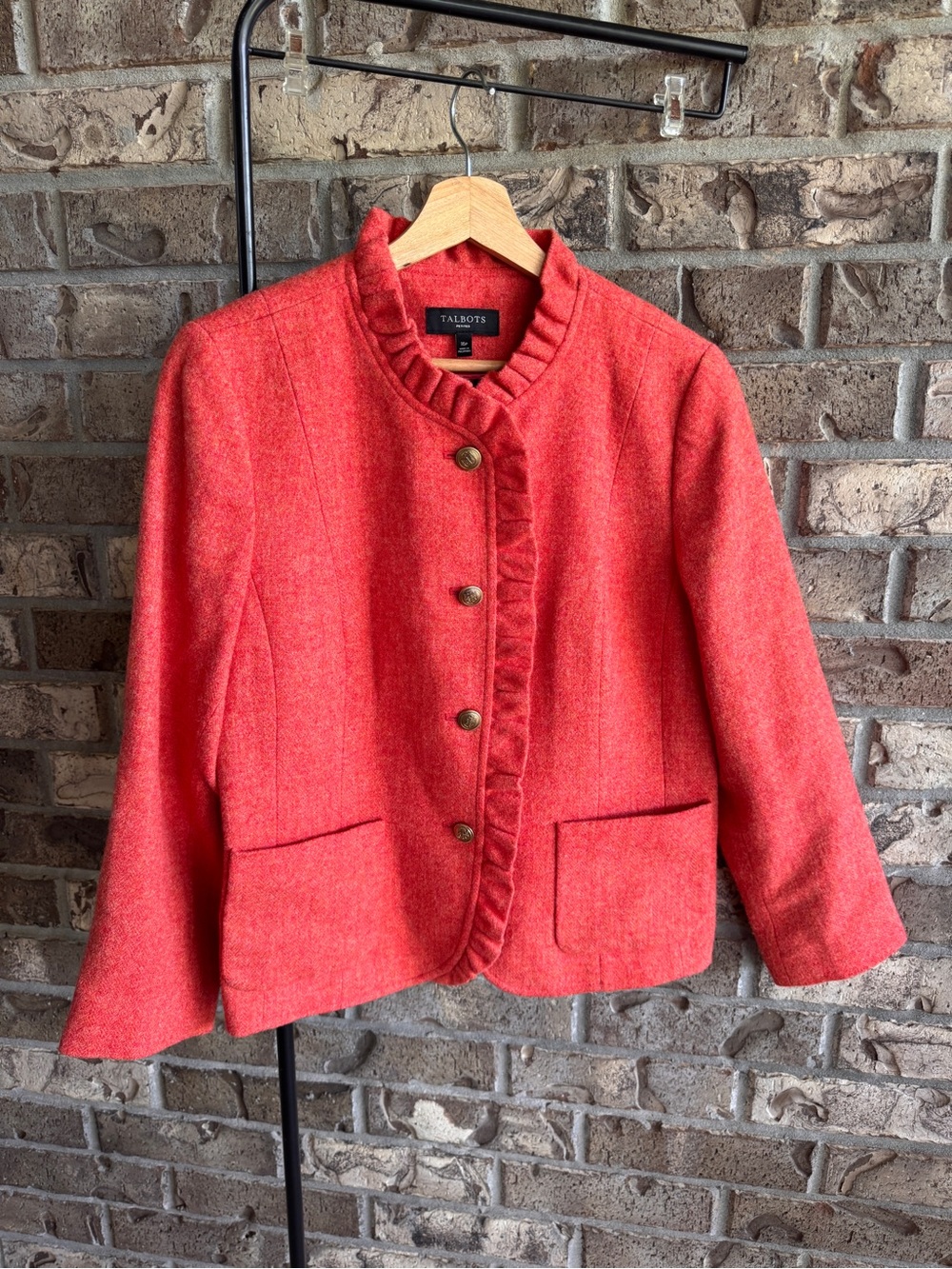 Talbots Petites 16P Wool Blend Ruffle Trim Jacket Coral Pink Button Front Lined - Picture 3 of 15